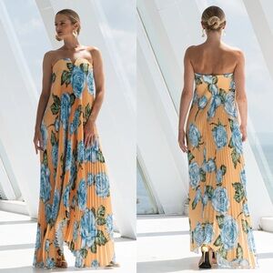 NEW NWT L’IDEE Black Tie Strapless Pleated Maxi Gown In Fleur Bleue Floral Print